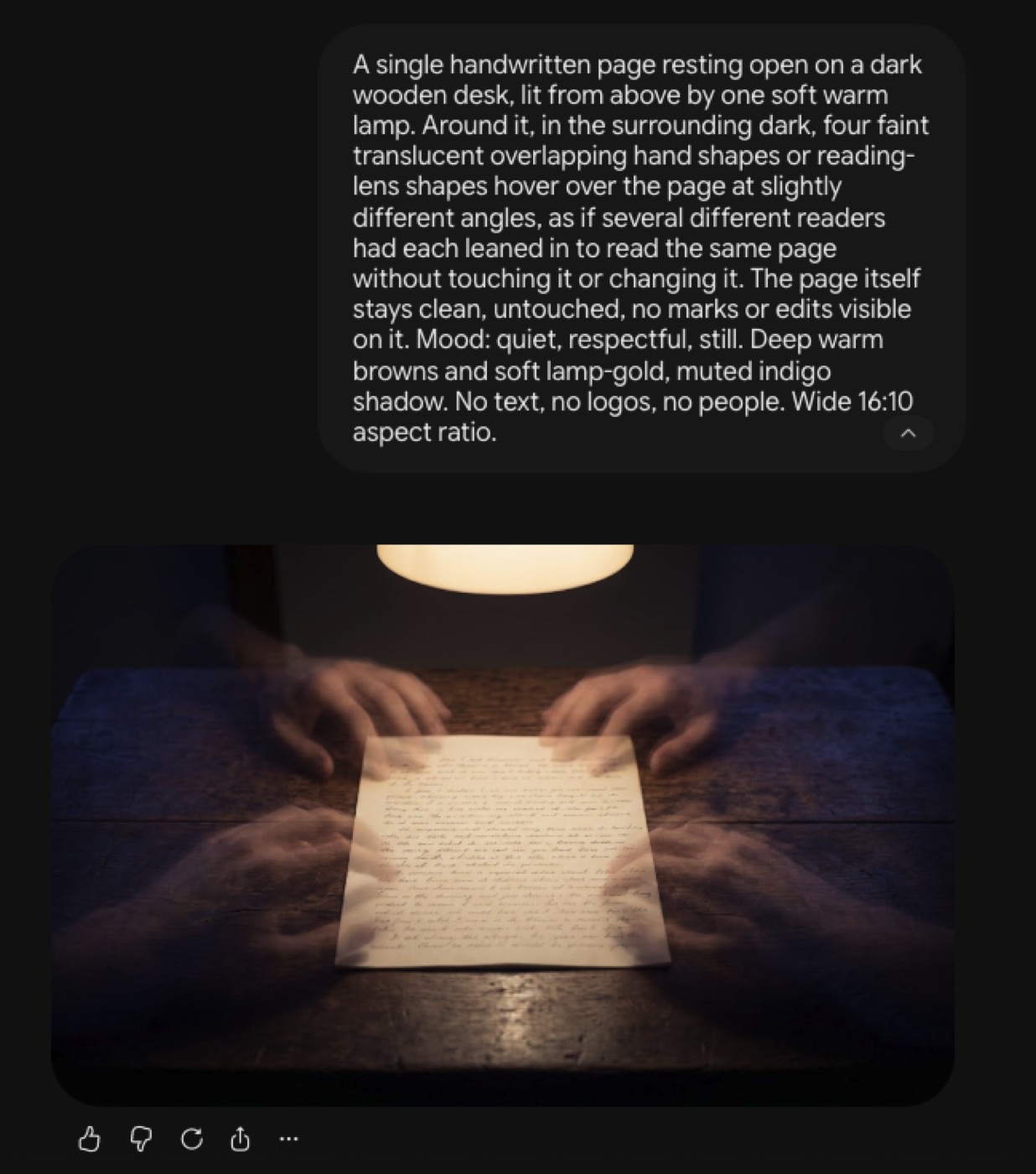 The original prompt describing hands, lens shapes, and angles, next to the image it produced: four translucent hands reaching toward a lit page in the dark.