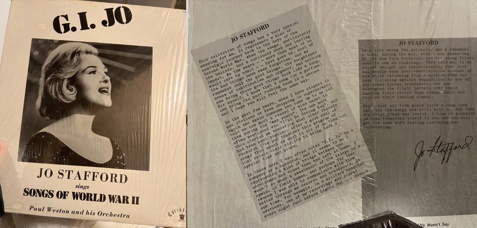 La portada del LP G.I. JO (Jo Stafford sings Songs of World War II), y la carta escrita a máquina de Jo Stafford, con su firma, impresa en la contraportada