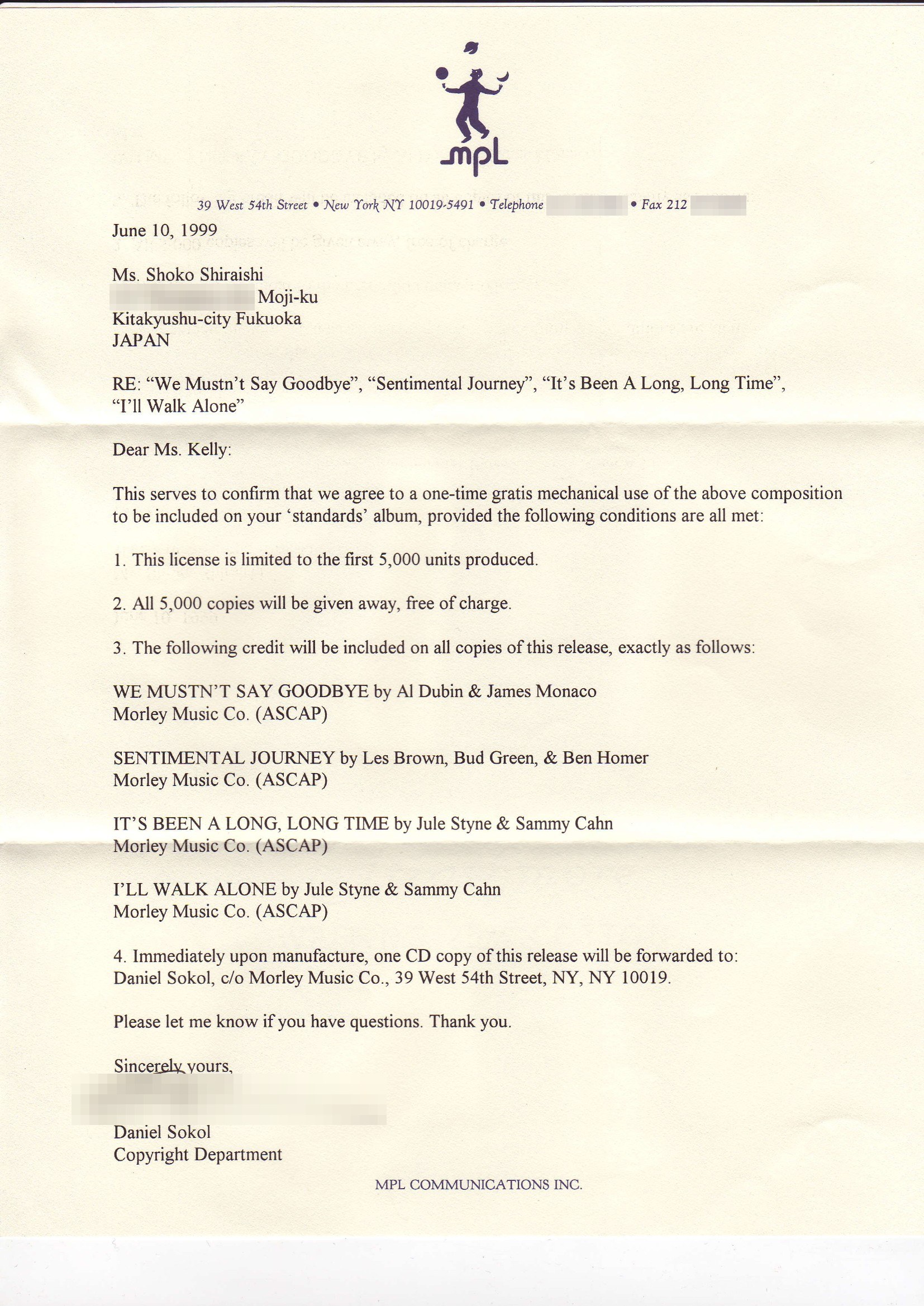 Letter from MPL Communications dated June 10, 1999, granting a one-time gratis mechanical license for four songs to be included on the album I Have a Dream… Seina.