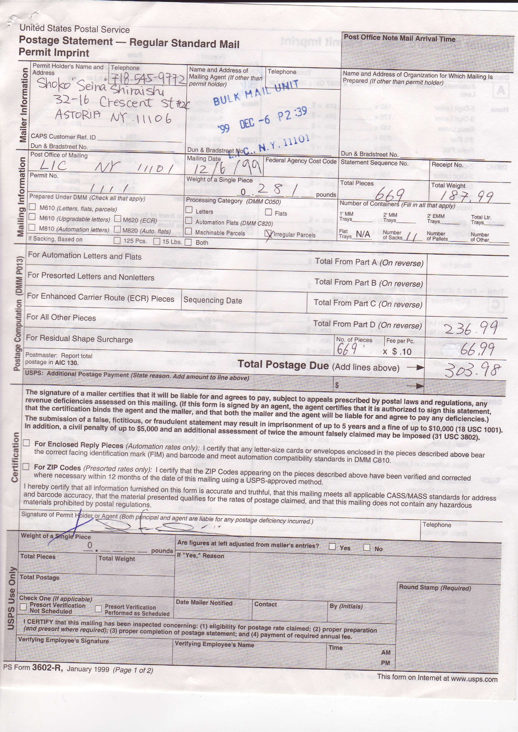 USPS Postage Statement (Permit Imprint), December 6, 1999: 669 pieces