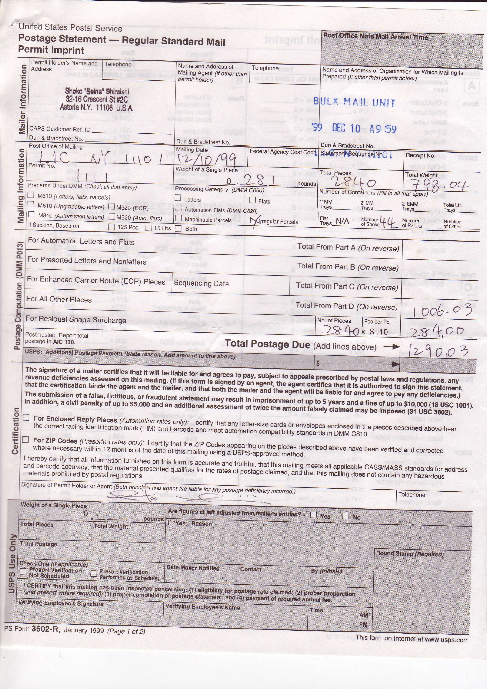 USPS Postage Statement (Permit Imprint), December 10, 1999: 2,840 pieces