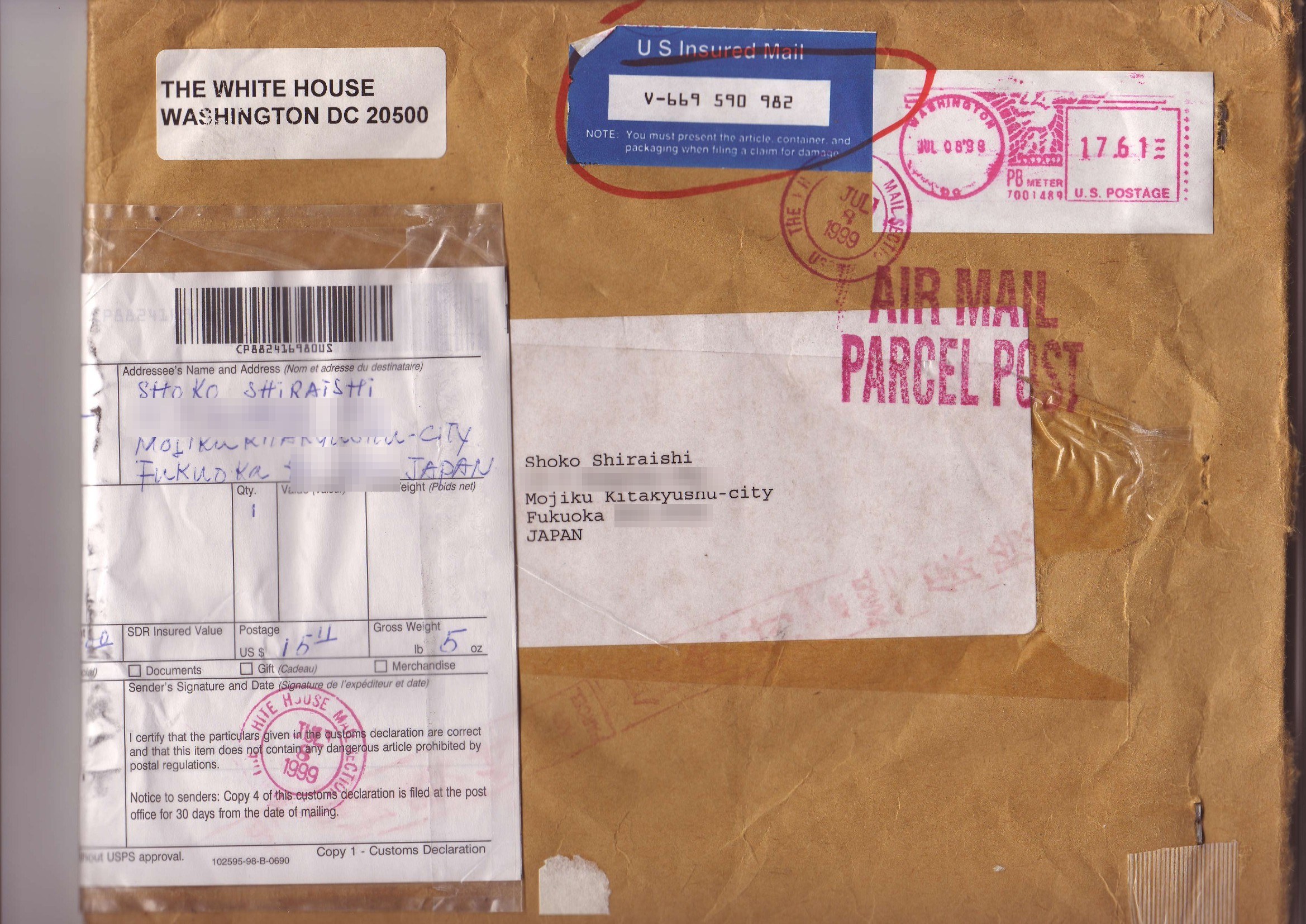 Returned mailing envelope addressed to Shoko Shiraishi with White House mailing labels and postal markings.