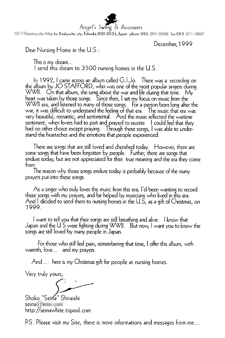 La carta que Seina incluyó con el álbum, enviada a las residencias de ancianos en diciembre de 1999