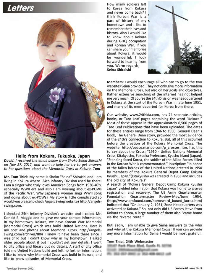 Taro Leaf — the Letters page carrying the full exchange between Seina and Tom Thiel about the Kokura Memorial Cross
